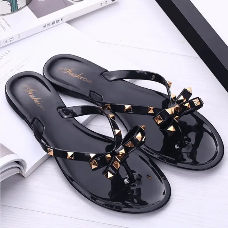 Black Rivet Bow Flip Flops for Women Summer
