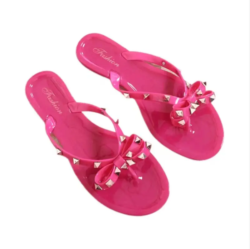 Black Rivet Bow Flip Flops for Women Summer