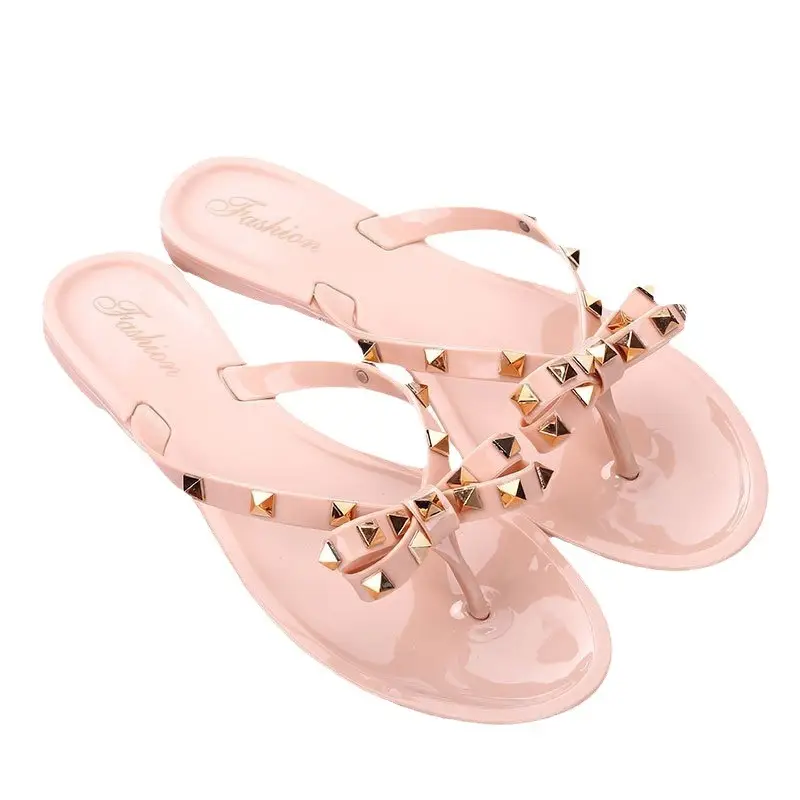Black Rivet Bow Flip Flops for Women Summer