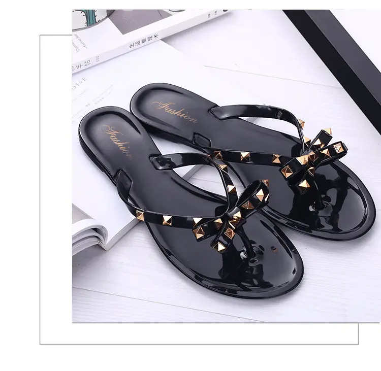 Black Rivet Bow Flip Flops for Women Summer — feature 10