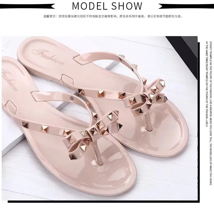 Black Rivet Bow Flip Flops for Women Summer