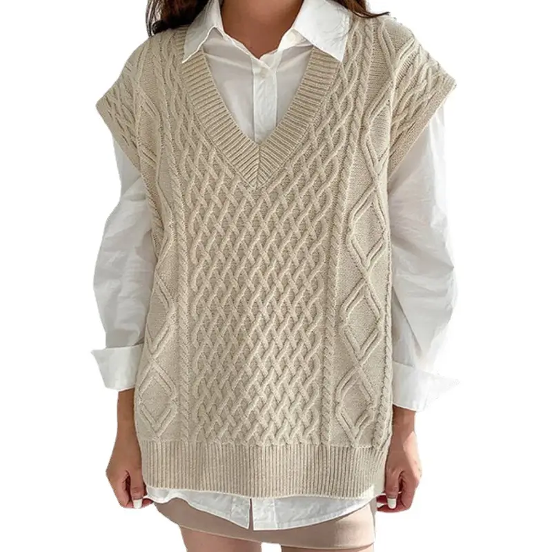 Women's White Cable Knit V-Neck Sweater Vest - Image 13