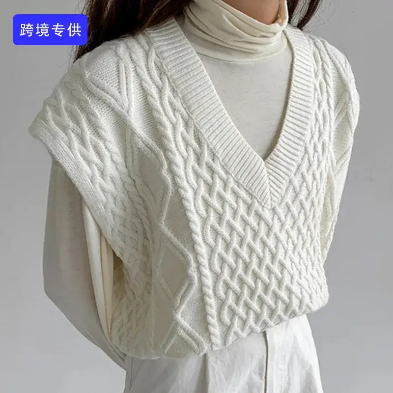 Women's White Cable Knit V-Neck Sweater Vest - Image 7