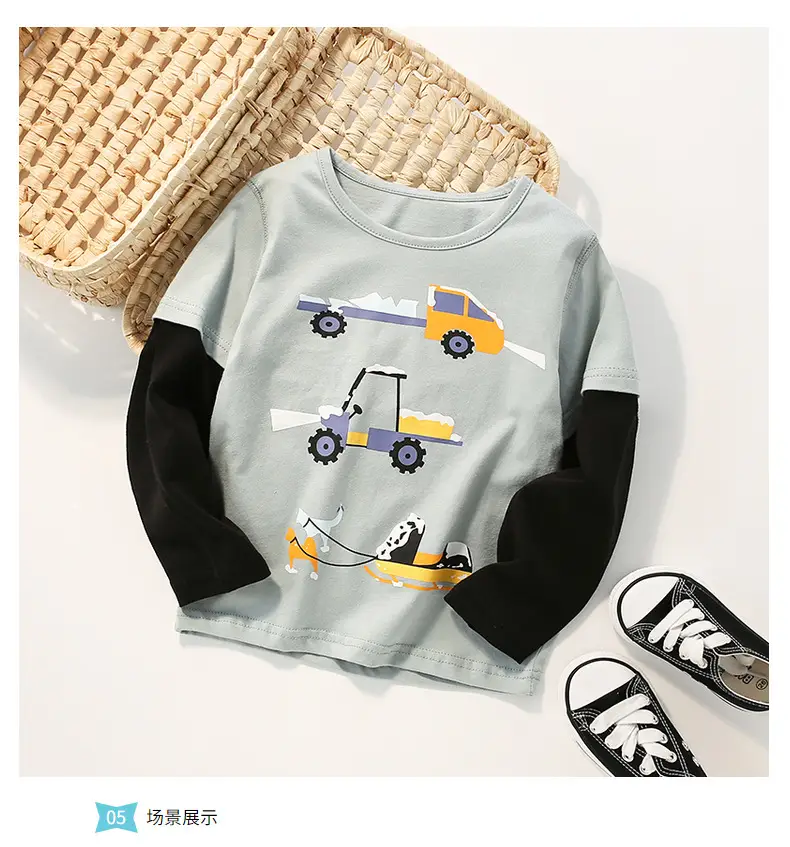 Kids Cartoon Car Print Long Sleeve T-Shirt Light Blue — feature 9