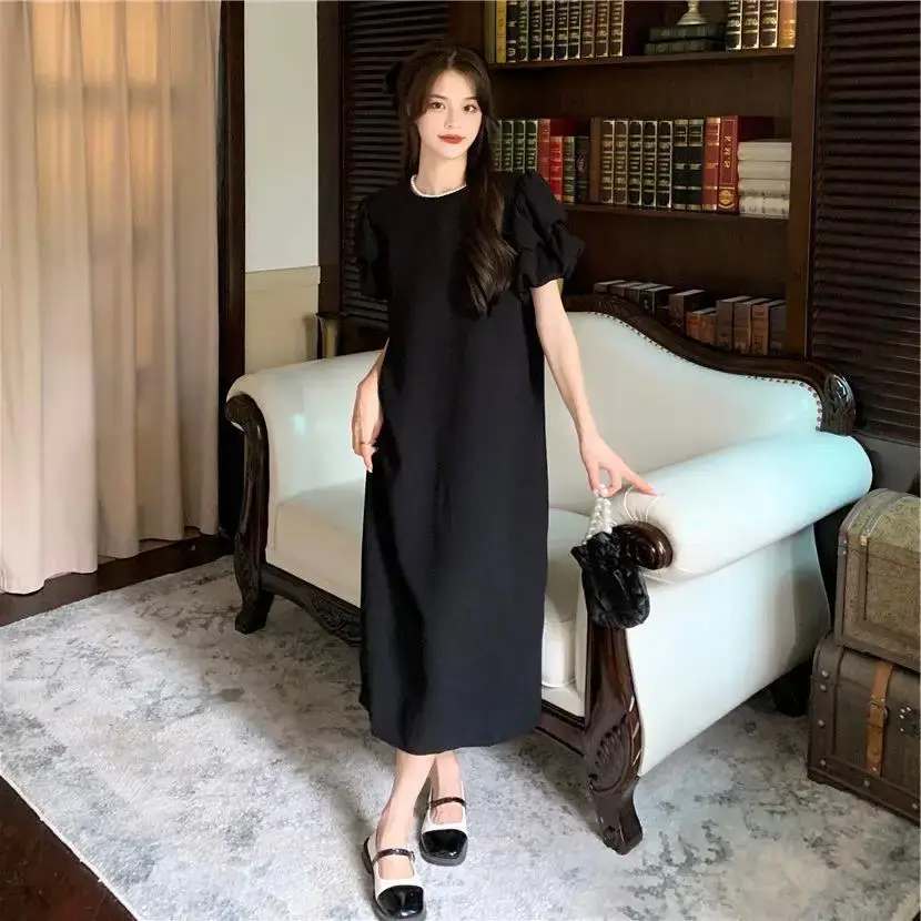 Black Puff Sleeve Long Skirt Dress for Women Summer 2025 - Image 4