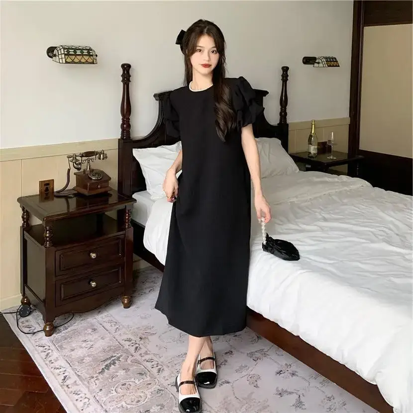 Black Puff Sleeve Long Skirt Dress for Women Summer 2025 - Image 6