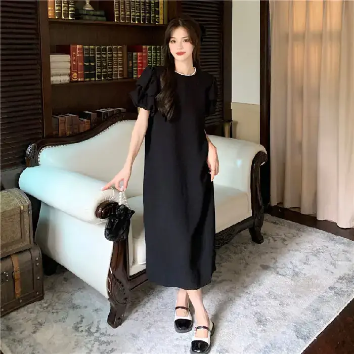 Black Puff Sleeve Long Skirt Dress for Women Summer 2025 - Image 2