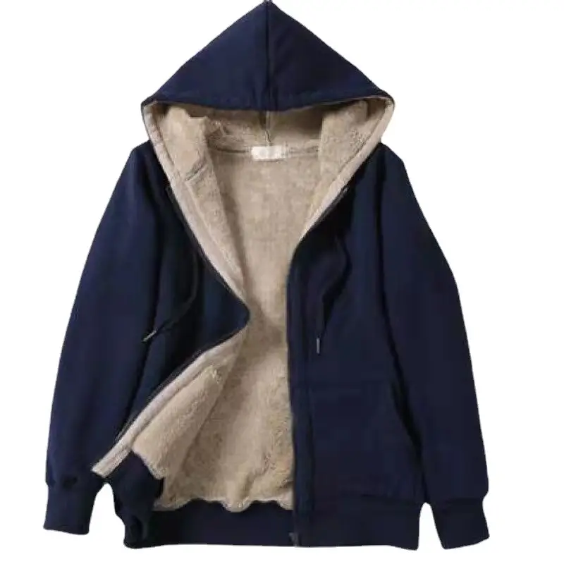 Women's Navy Hooded Hoodie Plush Fleece Winter Coat - Image 6