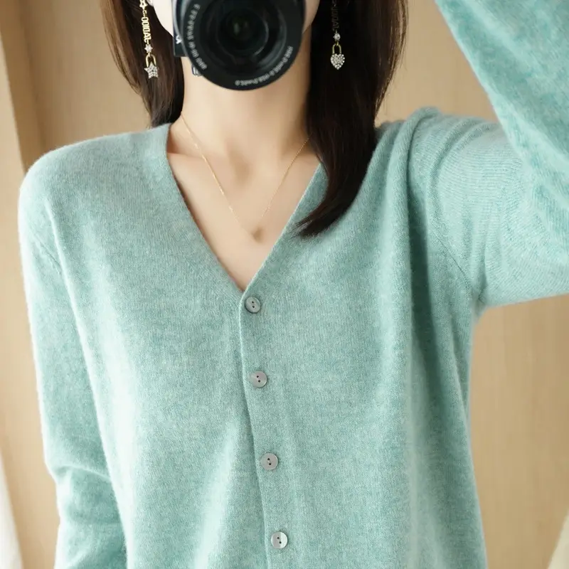 Women's Blue V-Neck Knitted Cardigan Coat Spring Autumn 2025 - Image 23