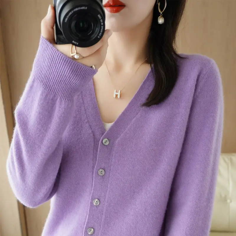 Women's Blue V-Neck Knitted Cardigan Coat Spring Autumn 2025 - Image 30
