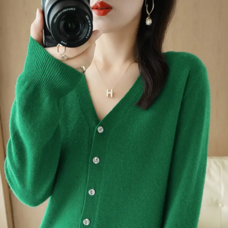 Women's Blue V-Neck Knitted Cardigan Coat Spring Autumn 2025 - Image 31