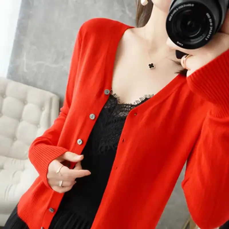 Women's Blue V-Neck Knitted Cardigan Coat Spring Autumn 2025 - Image 5