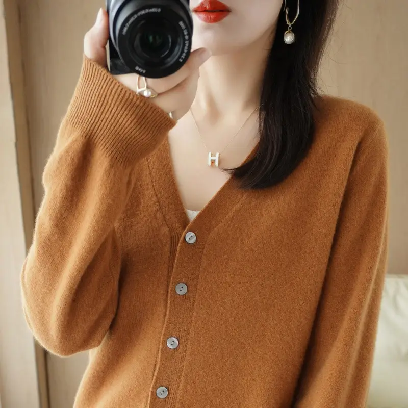 Women's Blue V-Neck Knitted Cardigan Coat Spring Autumn 2025 - Image 32