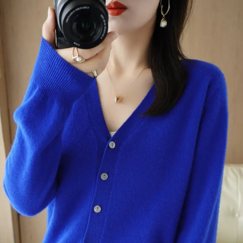 Women's Blue V-Neck Knitted Cardigan Coat Spring Autumn 2025 - Image 36