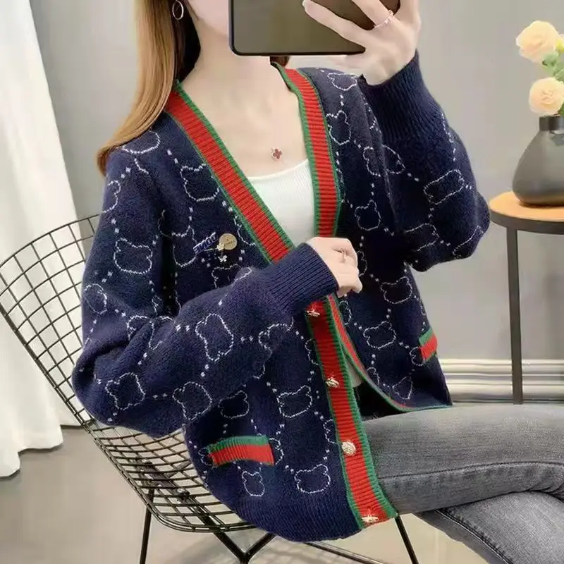 Women Jacquard Tweed Sweater Blue 2023 Winter Outfit - Image 4