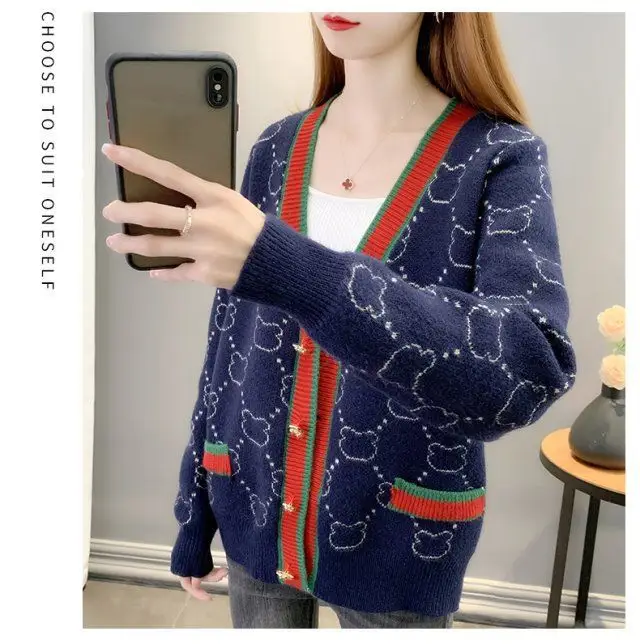 Women Jacquard Tweed Sweater Blue 2023 Winter Outfit — feature 10