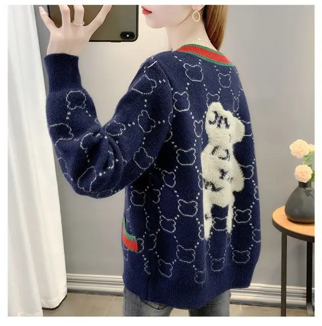 Women Jacquard Tweed Sweater Blue 2023 Winter Outfit — feature 11