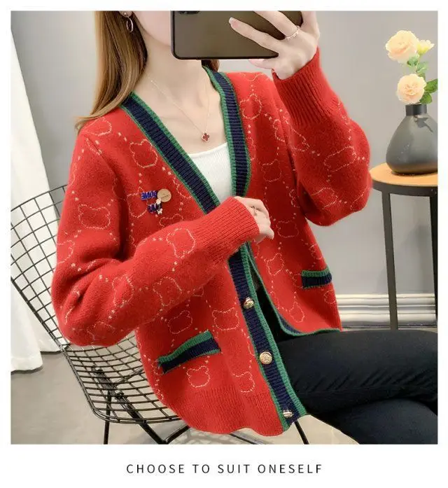Women Jacquard Tweed Sweater Blue 2023 Winter Outfit — feature 12