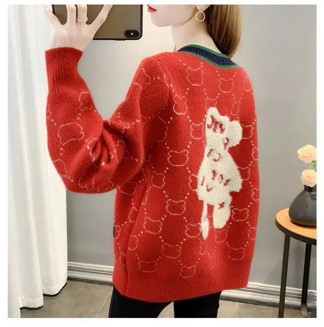 Women Jacquard Tweed Sweater Blue 2023 Winter Outfit — feature 15