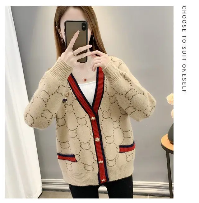 Women Jacquard Tweed Sweater Blue 2023 Winter Outfit — feature 17