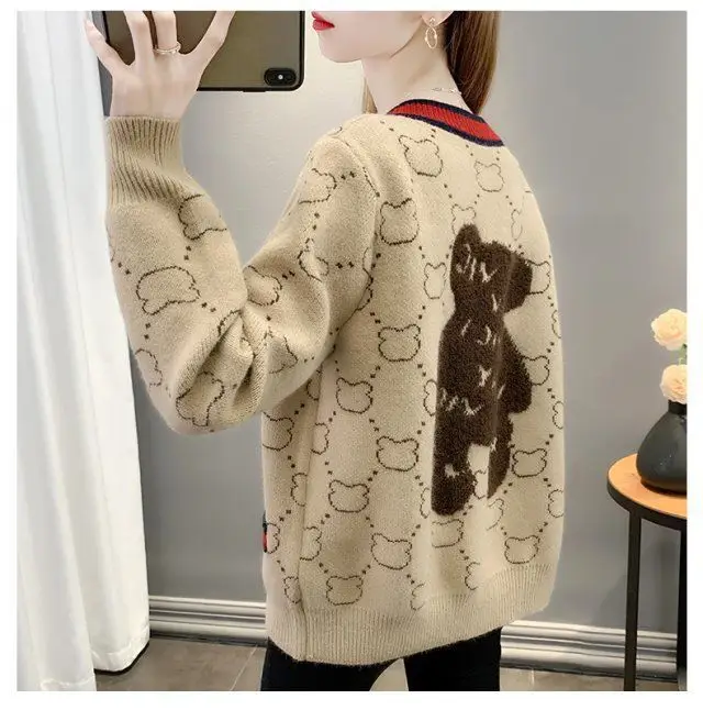Women Jacquard Tweed Sweater Blue 2023 Winter Outfit — feature 19