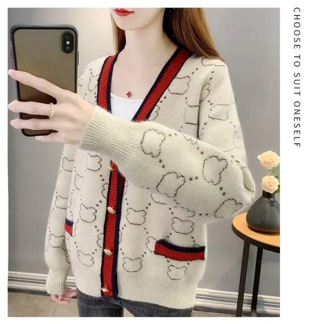 Women Jacquard Tweed Sweater Blue 2023 Winter Outfit — feature 5