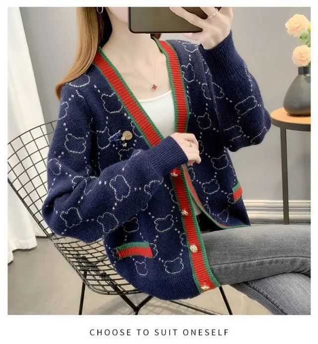 Women Jacquard Tweed Sweater Blue 2023 Winter Outfit — feature 8