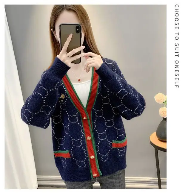 Women Jacquard Tweed Sweater Blue 2023 Winter Outfit — feature 9