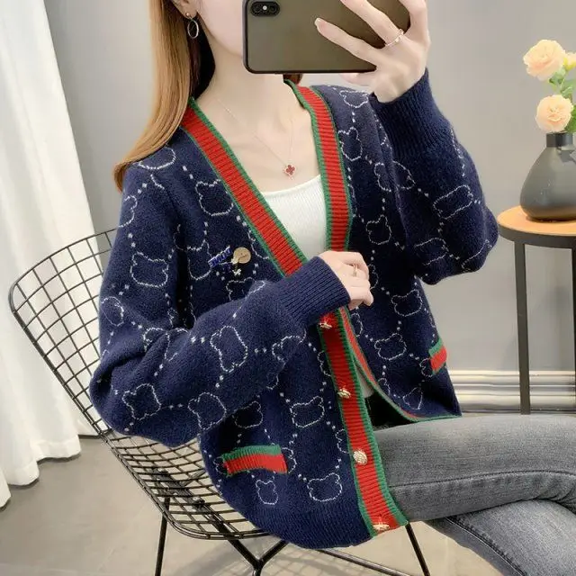 Women Jacquard Tweed Sweater Blue 2023 Winter Outfit - Image 2