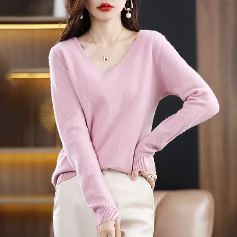 Women V-neck sweater long sleeve brown autumn wear