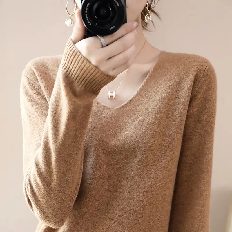 Women V-neck sweater long sleeve brown autumn wear