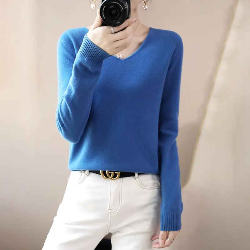 Women V-neck sweater long sleeve brown autumn wear