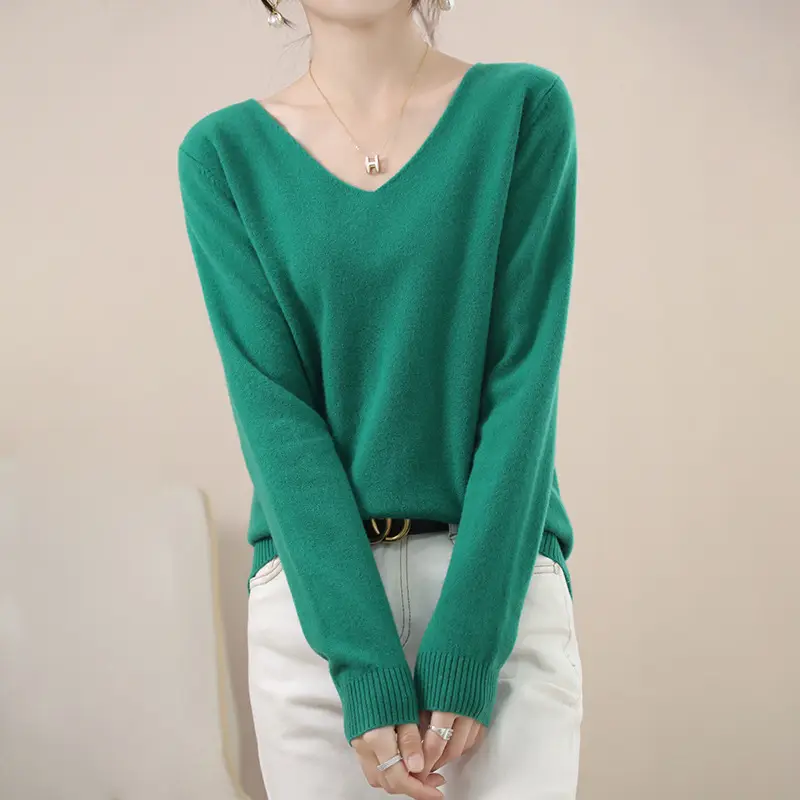 Women V-neck sweater long sleeve brown autumn wear