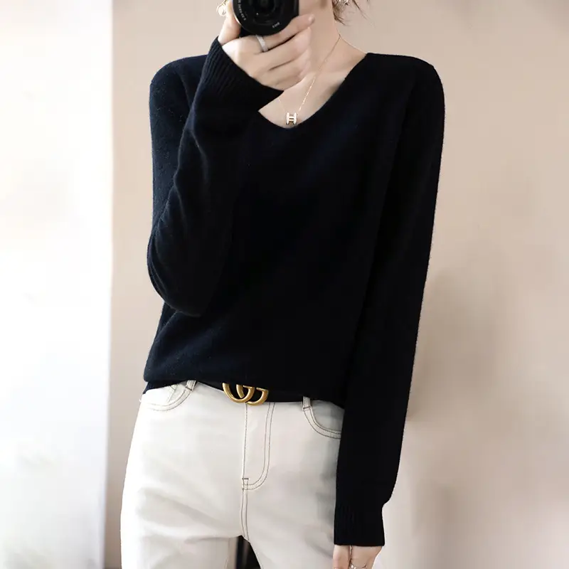 Women V-neck sweater long sleeve brown autumn wear