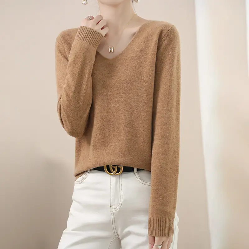 Women V-neck sweater long sleeve brown autumn wear