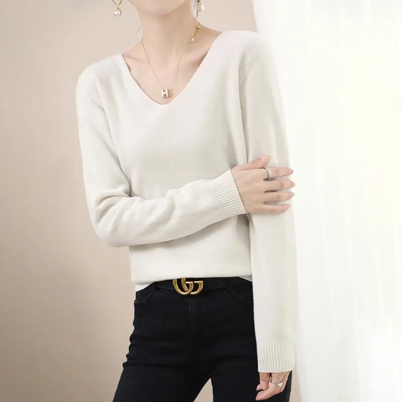 Women V-neck sweater long sleeve brown autumn wear