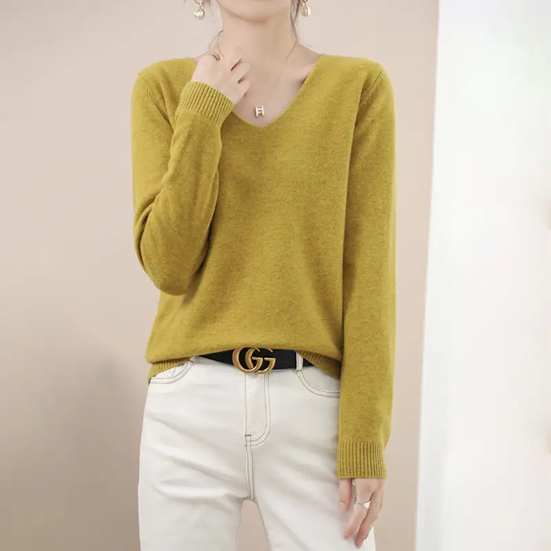 Women V-neck sweater long sleeve brown autumn wear