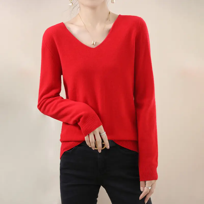 Women V-neck sweater long sleeve brown autumn wear