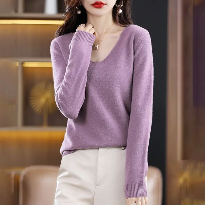 Women V-neck sweater long sleeve brown autumn wear