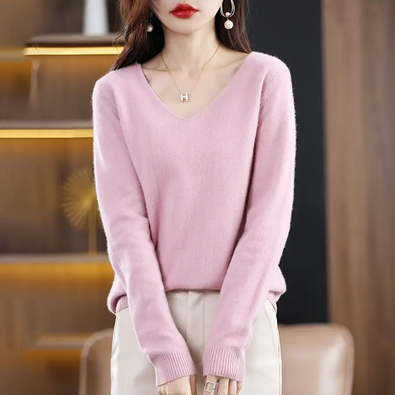 Women V-neck sweater long sleeve brown autumn wear