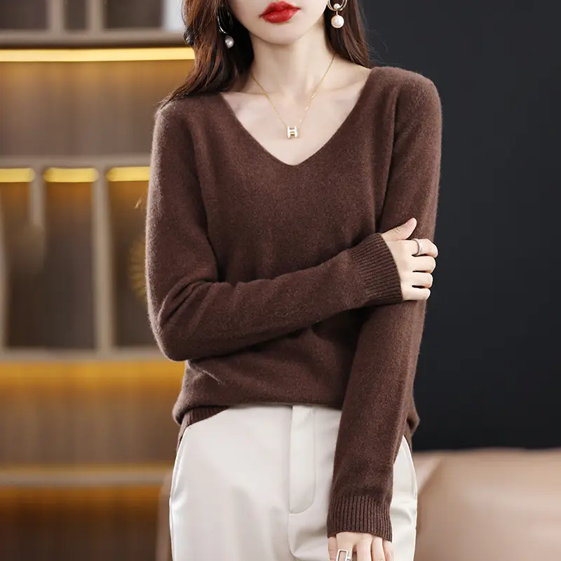 Women V-neck sweater long sleeve brown autumn wear