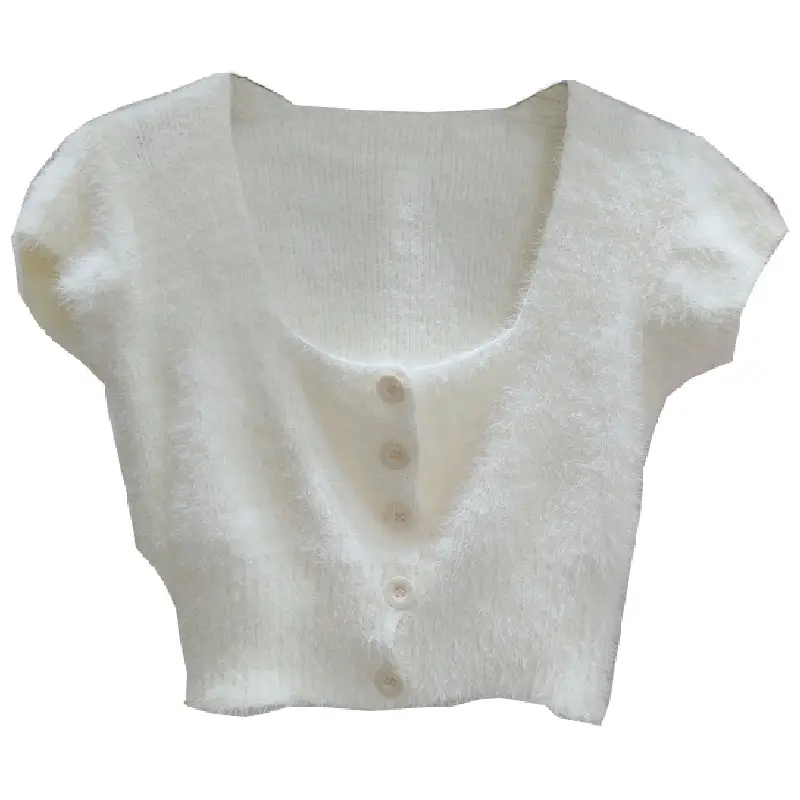 Women's Plush Knitted Square Collar Cardigan Beige - Image 11