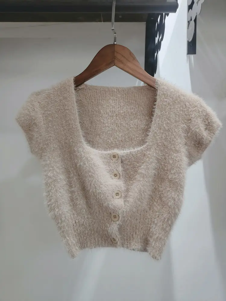 Women's Plush Knitted Square Collar Cardigan Beige - Image 7