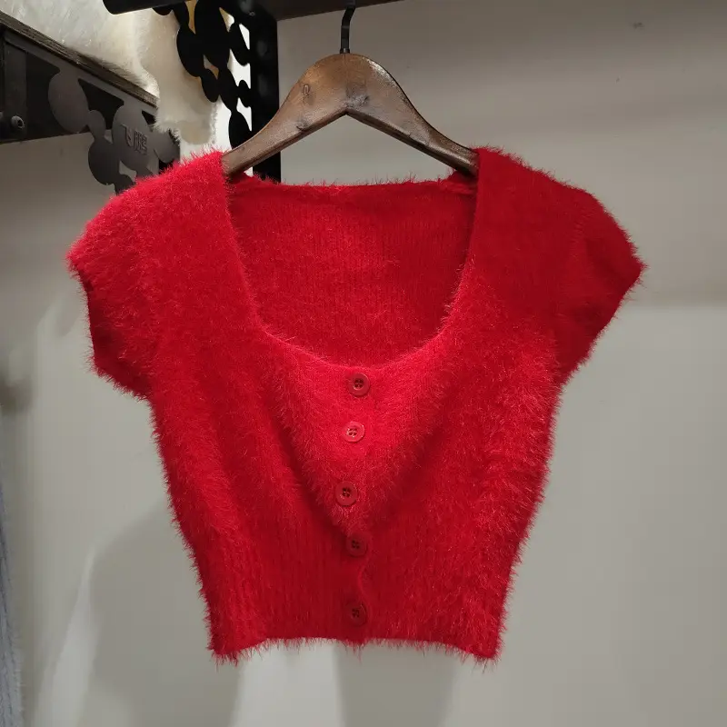 Women's Plush Knitted Square Collar Cardigan Beige - Image 8