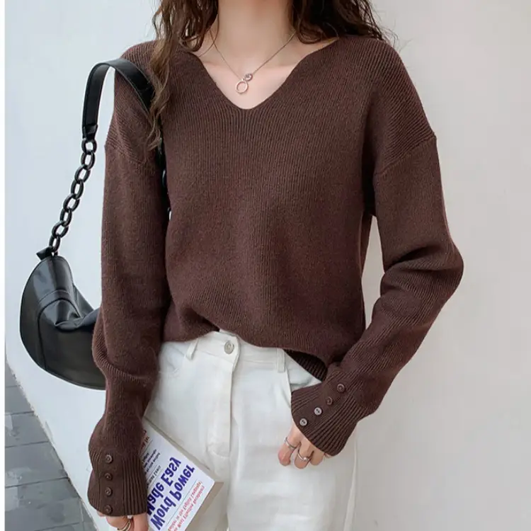 Women V-Neck Lazy Knit Sweater Cream Long Sleeve - Image 7