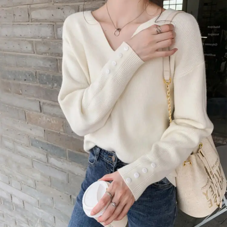 Women V-Neck Lazy Knit Sweater Cream Long Sleeve - Image 9