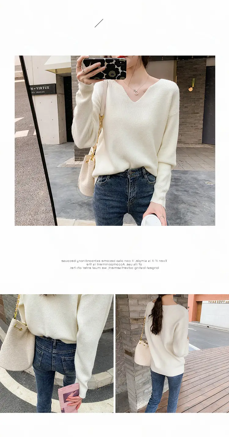 Women V-Neck Lazy Knit Sweater Cream Long Sleeve — feature 10