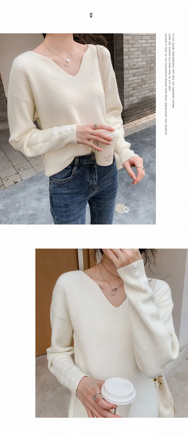 Women V-Neck Lazy Knit Sweater Cream Long Sleeve — feature 11