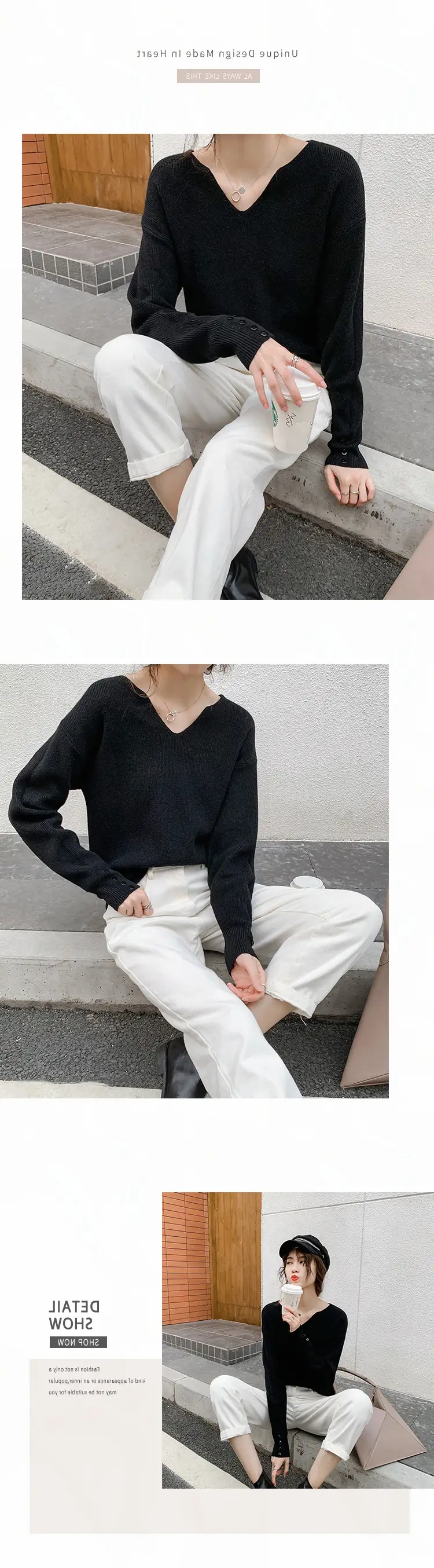 Women V-Neck Lazy Knit Sweater Cream Long Sleeve — feature 12