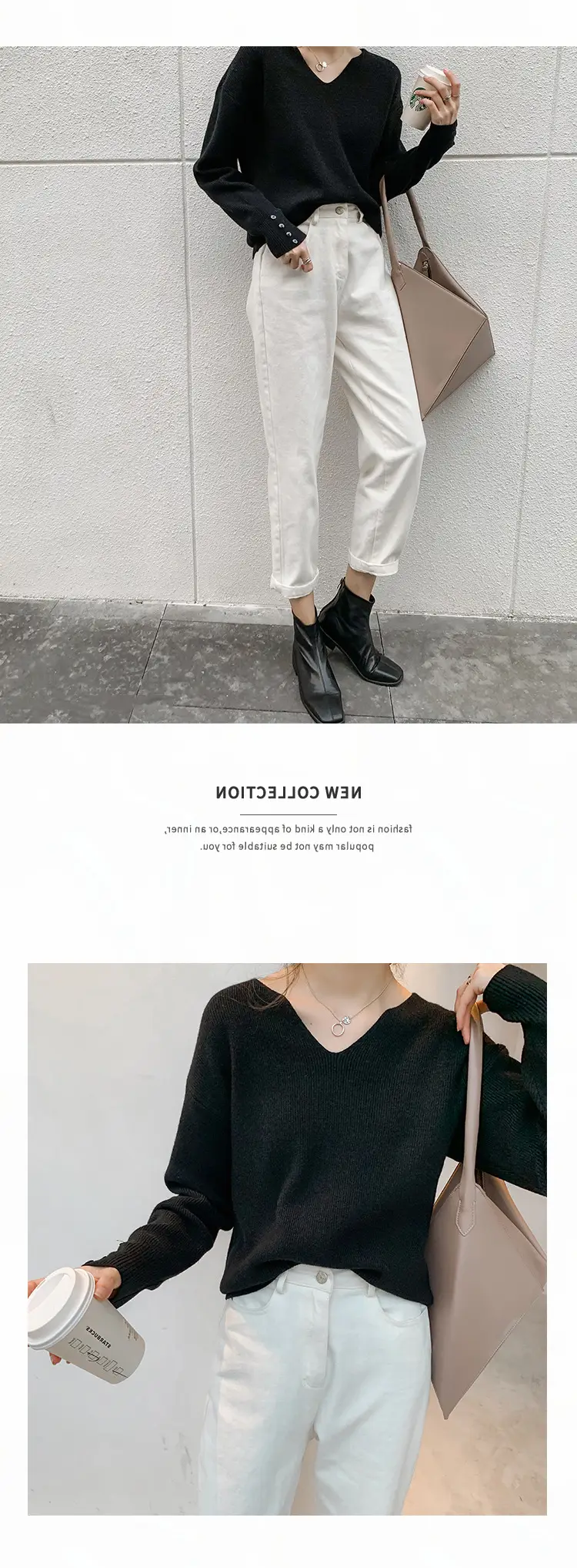 Women V-Neck Lazy Knit Sweater Cream Long Sleeve — feature 13